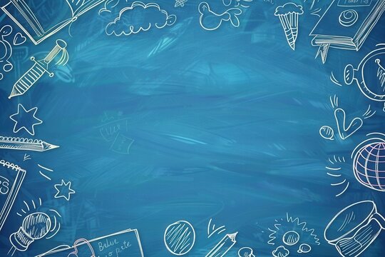 Illustration background with school-themed doodles with a copyspace in the center, drawn on a bkue chalkboard, "Back to School" concept..