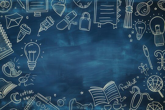 Blue chalkboard background with "Back to School" doodles, featuring school supplies and symbols with a copyspace in the center.
