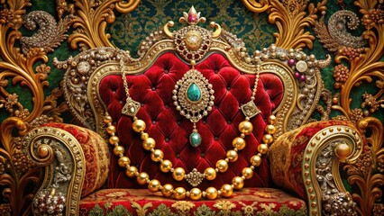 Fototapeta premium Indian vintage embroidery pattern border combined with rich luxurious velvet fabric and ornate antique jewelry on lavish opulent royal throne mood