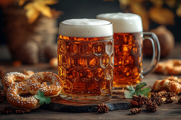Lively Oktoberfest scene showcasing traditional beer mugs and pretzels, embodying the festive spirit of this iconic German celebration.
