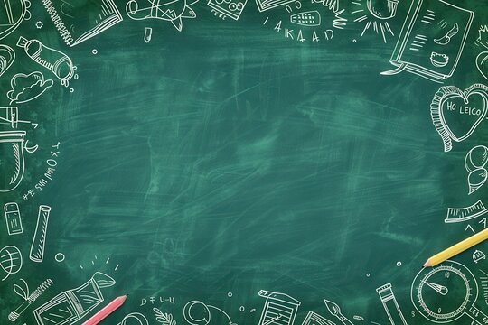 Green chalkboard background with "Back to School" doodles, featuring school supplies and symbols with a copyspace in the center.