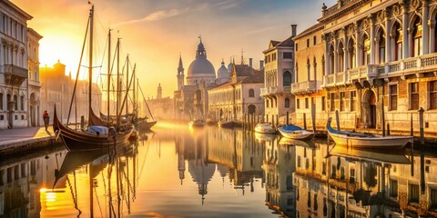 Obraz premium gilded baroque ornate venezia architecture mirrored canal reflections vintage sailboats morning mist golden hour warm soft focus shallow depth