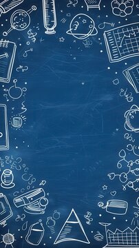 Vertical Back to School illustration background with school themed doodles written on a blue chalkboard with copyspace in the center.