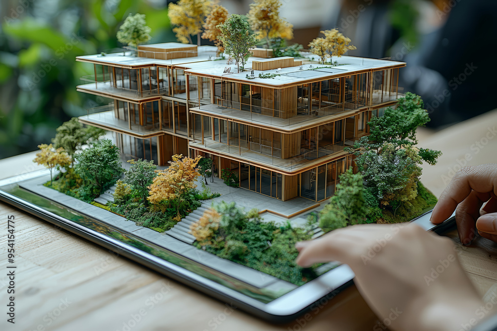 Poster An architect using 3D modeling software on a tablet to design a new building, showcasing digital design tools in architecture. Concept of digital architecture and design software.