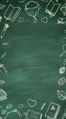 "Back to School" illustration with doodles of school supplies with a copyspace in the middle on a green chalkboard background..