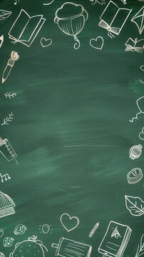 "Back to School" illustration with doodles of school supplies with a copyspace in the middle on a green chalkboard background..