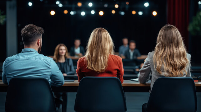 Back view of three judges sitting at a table, facing contestants on a stage in a dark auditorium, ready to evaluate performances.