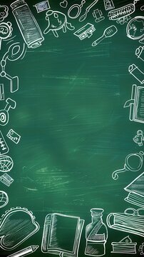 "Back to School" illustration with doodles of school supplies with a copyspace in the middle on a green chalkboard background..