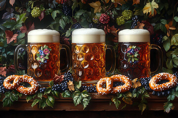Lively Oktoberfest scene showcasing traditional beer mugs and pretzels, embodying the festive spirit of this iconic German celebration.
