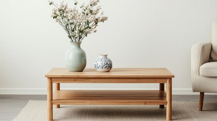 Stylish wooden coffee table adorned with decorative vases and flowers, set in a minimalist living room.