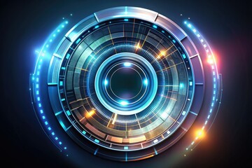 Glossy futuristic circle infographic with metallic reflections, neon accents, and minimalist design, showcasing cutting-edge technology and innovation.