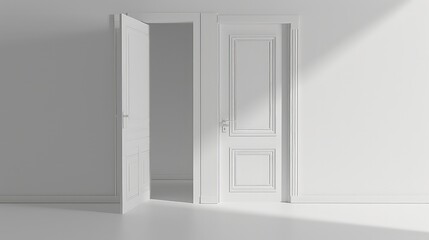 White door with ornate trim and a handle in a white room with light streaming through the window.