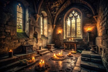 Fototapeta premium Moody, abandoned chapel with crumbling stone, flickering candles, and mysterious shadows, shot in a dramatic, low-key style with a low ISO.