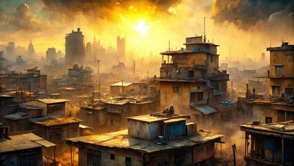 Naklejka premium disintegrating cityscape amidst poverty and neglect, warm golden light, gritty urban texture, bleak atmosphere, faded pastel hues, documentary-style realism, capturing despair