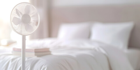 Electric Fan Placed Next to a White Bed | Cool Comfort and Bedroom Essentials