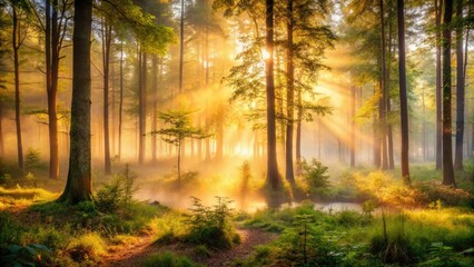 Obraz premium ethereal morning mist peaceful forest mental clarity foggy atmosphere soft focus warm golden light serene atmosphere