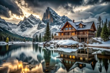 Fototapeta premium Breathtaking mountain lodge with rustic wooden beams, snow-capped peaks, and a frozen lake in the foreground under a moody grey sky