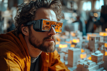 A designer using augmented reality glasses to visualize a new product concept, emphasizing the role of AR in modern design and innovation.