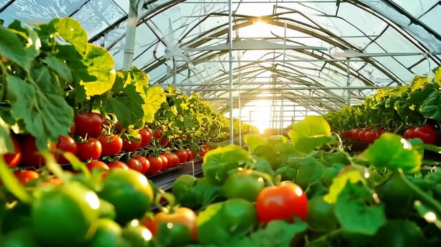Greenhouse plants growing natural production organic food supply tomato farm modern healthy agriculture rows of fresh vegetables green leaves health biotechnology biology eco-friendly ecological chain