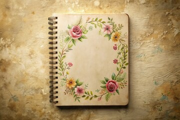 Soft, romantic light casts a gentle glow on a vintage-inspired spiral notebook template with a whimsical, hand-drawn floral design on a distressed, creamy wall