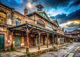 decaying abandoned market place crumbling architecture faded signs rusty decrepit charm urban exploration nostalgia forgotten past