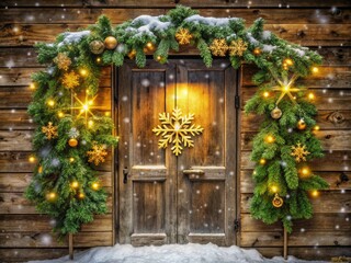 gleaming golden snowflakes cascade down frosted pane above rustic wooden door adorned with hand-tied evergreen garland in quaint mountain village