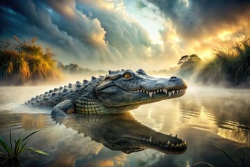 mystical ethereal okavango delta crocodile ancient river god misty eerie atmosphere primordial forces respect primal fear majestic power ancient wisdom