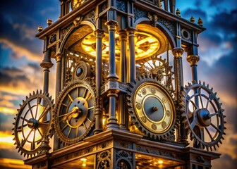 steam-powered elegant Victorian-era inspired intricate mechanical clock tower gears ornate details polished brass warm golden lighting nostalgic sophisticated refined