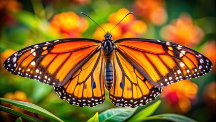 Naklejka premium stunning orange monarch butterfly delicate wings studio strobe 100mm f/2.8 macro lens dramatic intimate wildlife close-up intense color natural world
