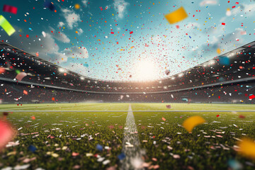 Football stadium background with flying confetti