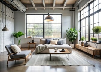 Calm minimalist retreat featuring a limited color palette, industrial accents, and clean lines in a soft diffused natural light with subtle shadows.