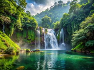 Obraz premium Majestic waterfall plunges into serene lake surrounded by lush greenery and misty atmosphere, creating a breathtakingly tranquil scene in nature's untouched paradise.