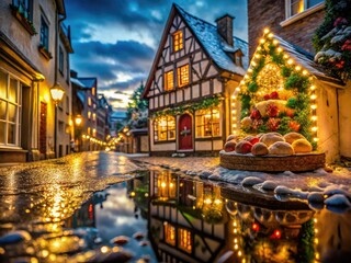 Obraz premium festive holiday lights reflected in puddled water on cobblestone street outside rustic bakery window adorned with handcrafted gingerbread house