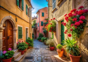 sunlit Varigotti village alleys with pastel-hued buildings, rustic doorways, and crimson geraniums, capturing warm Italian morning atmosphere with shallow depth of field