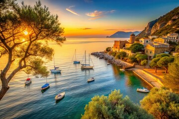 Fototapeta premium golden hour Varigotti seaside with turquoise Mediterranean waters, sailboats, and ancient olive trees, conveying serene coastal living with soft warm light and natural tones