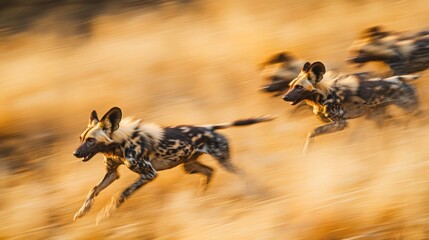 African Wild Dogs Running in the Savannah