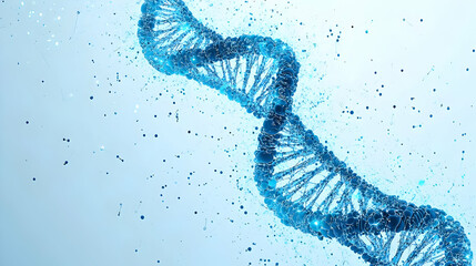 Abstract blue DNA helix with molecule particles on a light blue background.