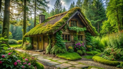 Lush green vines and wildflowers wrap around a charming wooden cottage with a thatched roof and moss-covered stone walls in a mystical forest atmosphere