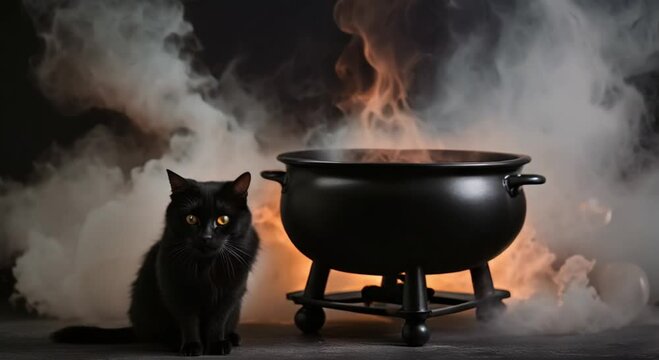 steaming witches cauldron next to a black cat on a dark smoky background