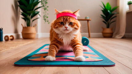 Fluffy ginger cat practicing yoga indoors, with fitness headband. Colorful yoga mat, cozy room with soft lighting, wooden floors, and indoor plants Humorous moment of a pet enjoying fitness activities