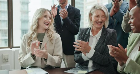 Happy, business and people with applause for success of presentation achievement, good news and celebration. Smile, employees and clapping audience for project victory, corporate support and office