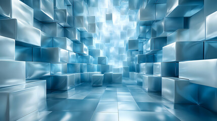 Abstract blue metallic cube hallway with bright light.