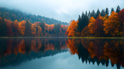 Obraz premium Rays of autumn light dance on still water reflection