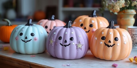 Obraz premium a pink, purple, orange, and white painted pumpkin with a ghost face, hearts, and stars drawn on it in pastel colors. fun Halloween themed party decorations