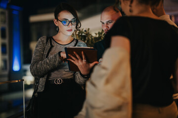 Business professionals collaborating at night using a digital tablet during an outdoor meeting. Concept of teamwork, technology, and nighttime business discussions.