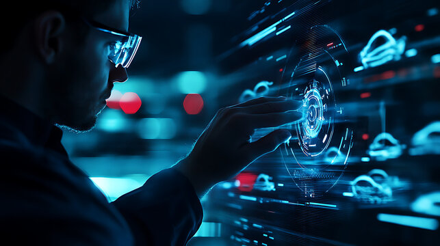 A programmer works on a futuristic digital interface, surrounded by glowing blue lights and abstract data visualizations.