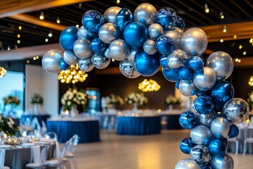 Balloon Round, Silver, and Cluster depicted in a chic event where a cluster of round silver balloons adds a touch of elegance to the decor