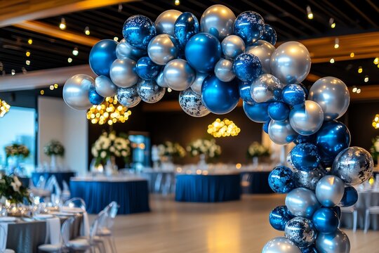 Balloon Round, Silver, and Cluster depicted in a chic event where a cluster of round silver balloons adds a touch of elegance to the decor