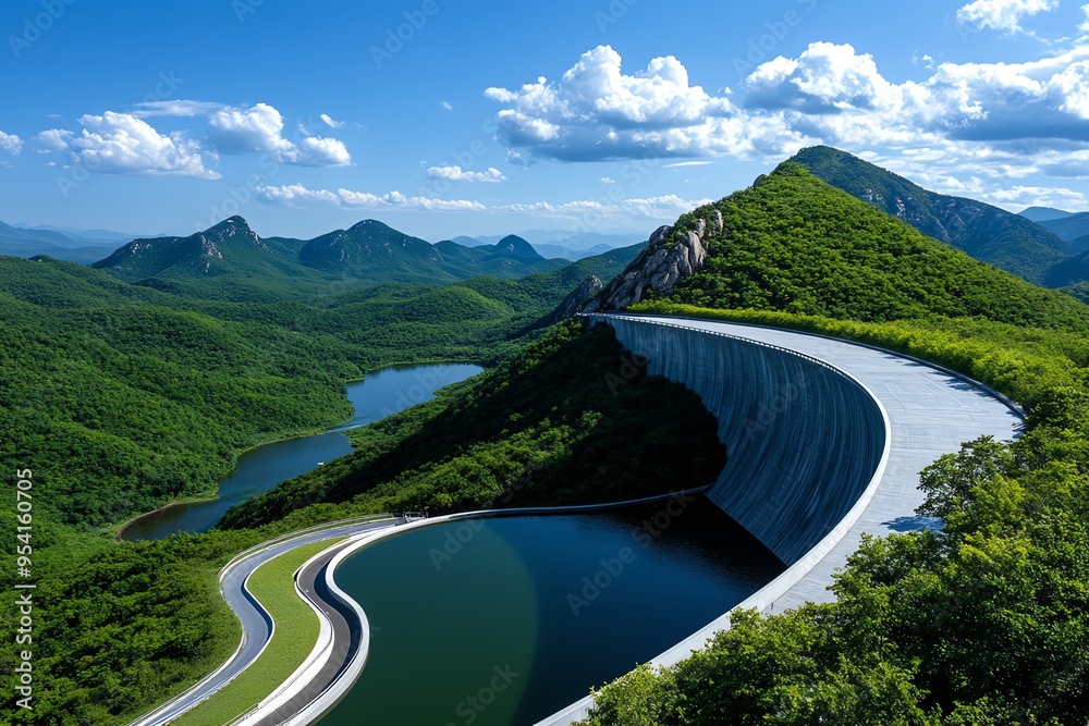 Aufkleber clean energy and hydropower efficiency are highlighted in a minimalist design of a streamlined dam w