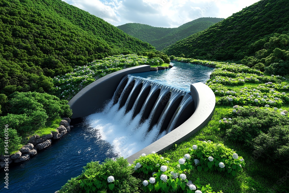 Aufkleber clean energy and hydropower efficiency are highlighted in a minimalist design of a streamlined dam w